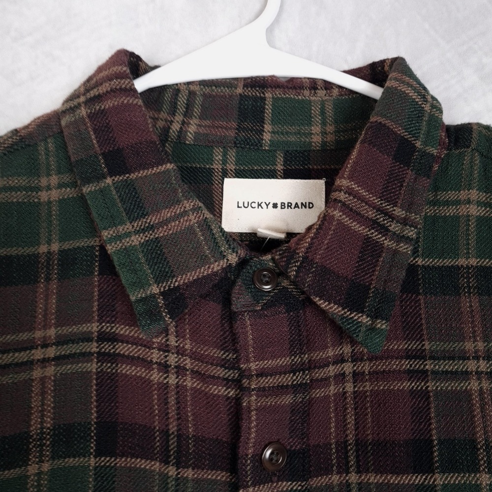 Lucky Brand Flannel Shirt Mens Large Green Burgundy Plaid Button Up Heavyweight - Picture 4 of 16